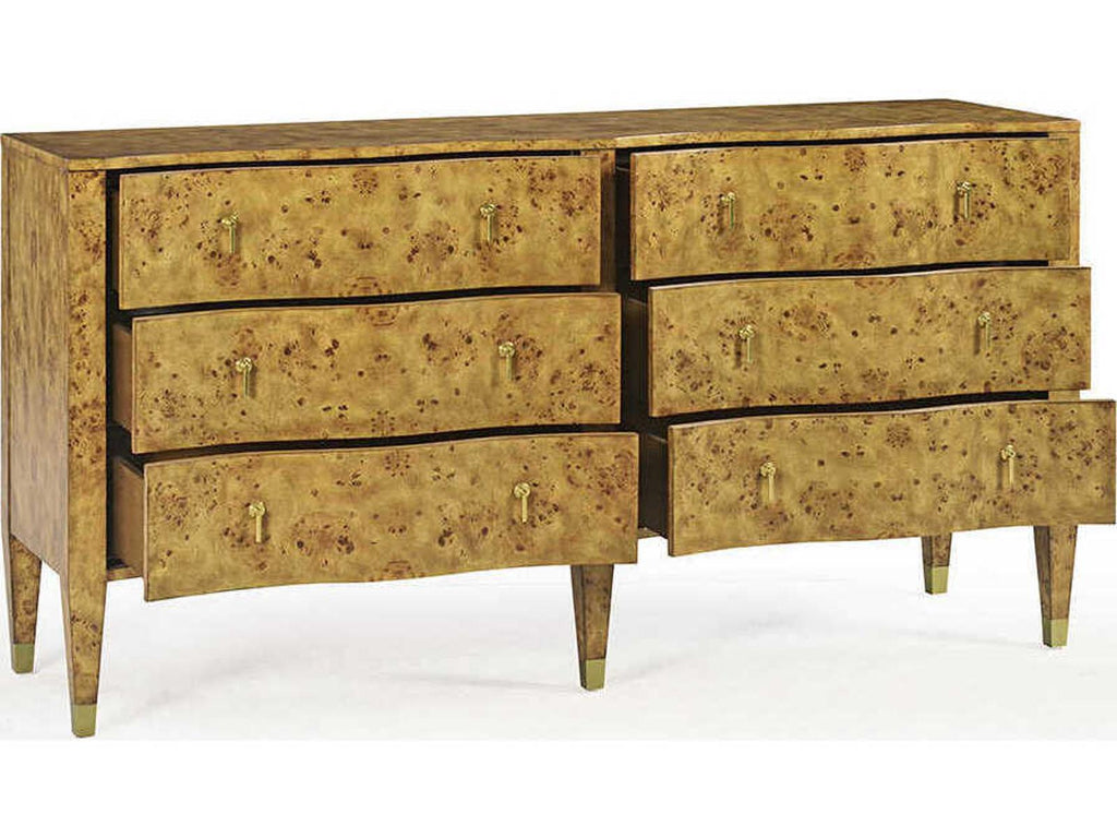 Serpentine 6-Drawer Double Dresser in Rustic Burl with Brass Hardware