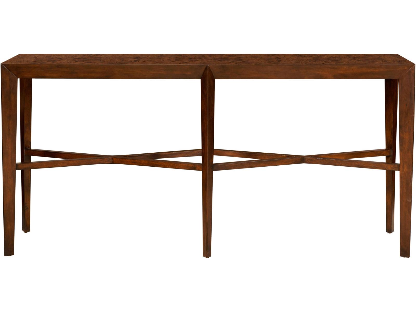 Modern Rectangular Ash Burl Mahogany Console Table with X Stretcher
