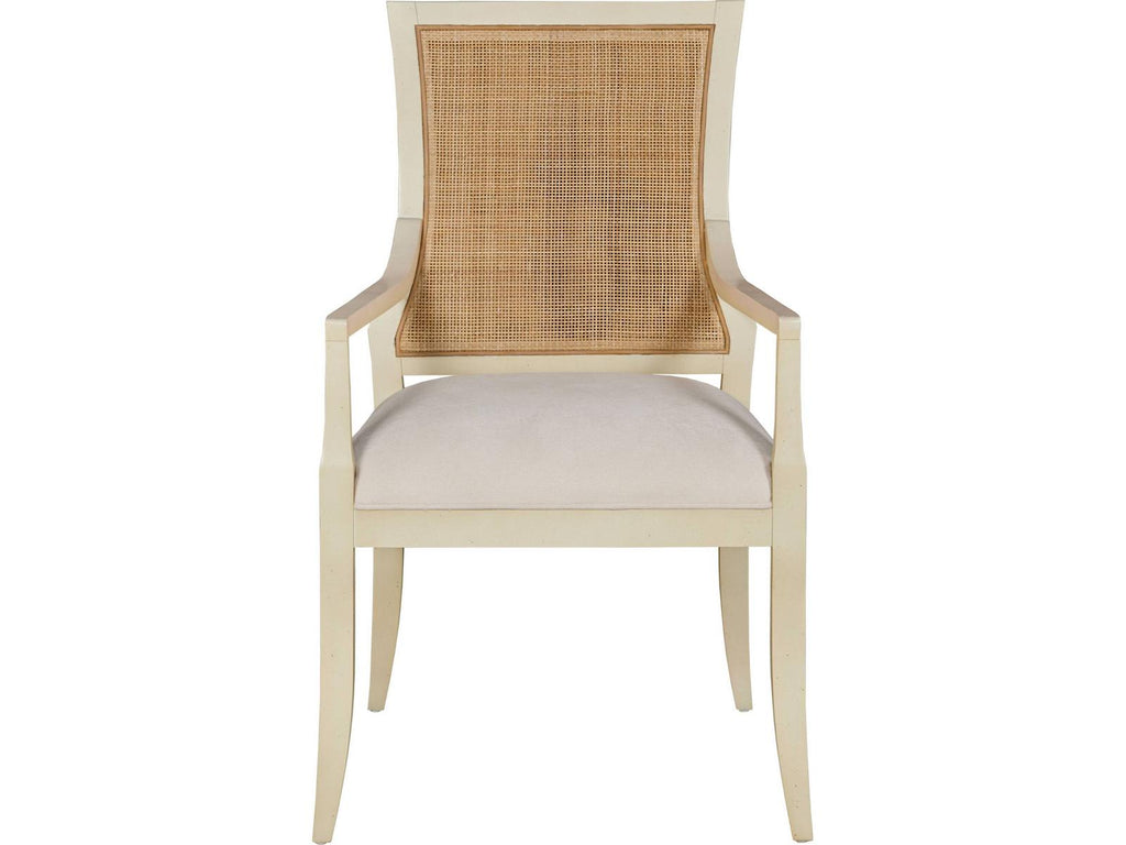 Cane Back Upholstered Arm Dining Chair in Linen Paint