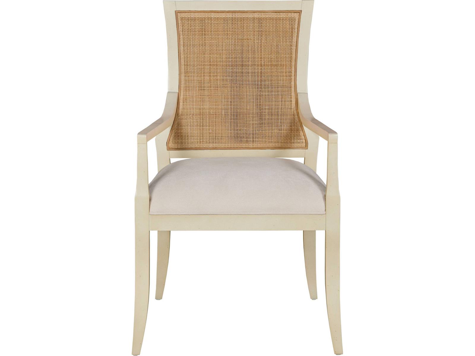 Cane Back Upholstered Arm Dining Chair in Linen Paint
