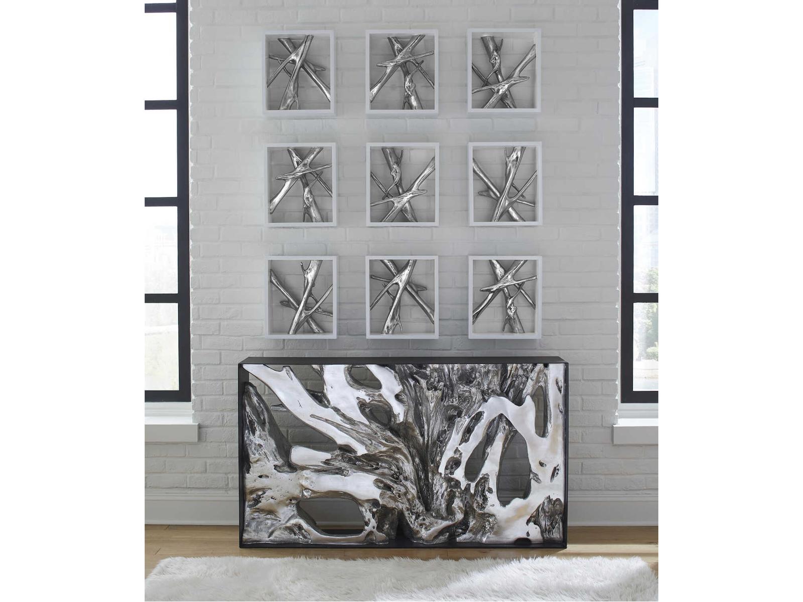 Cast Root Metal Framed Console Table in Silver Leaf