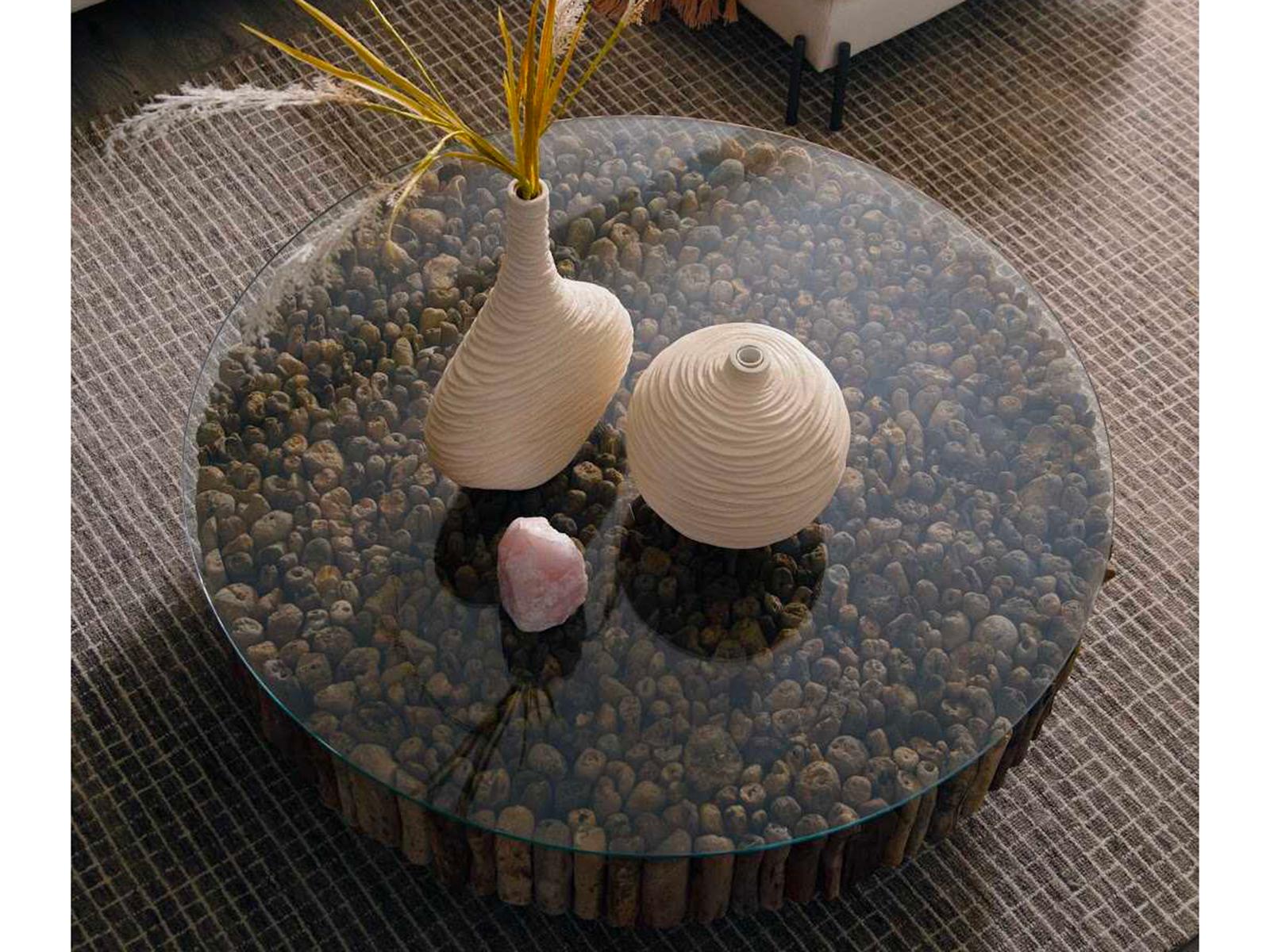 Manhattan Round Coffee Table with Glass in Brown and Black