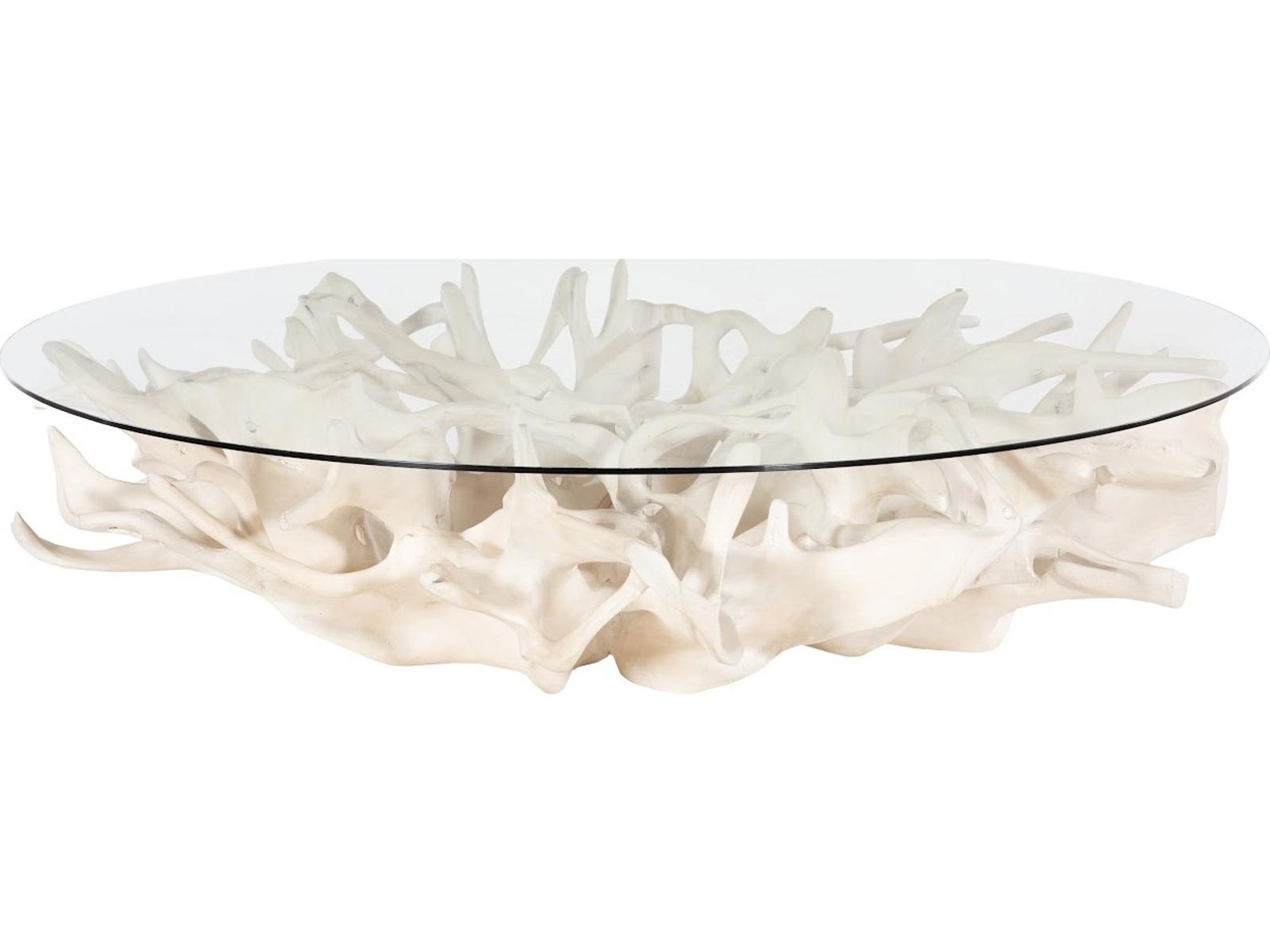 Cast Root Round Glass Coffee Table Faux Bleached Finish