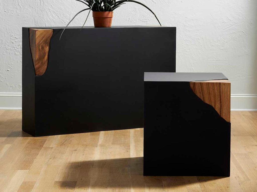 Cornered Rectangular Metal and Chamcha Wood Console Table in Natural Black Brown