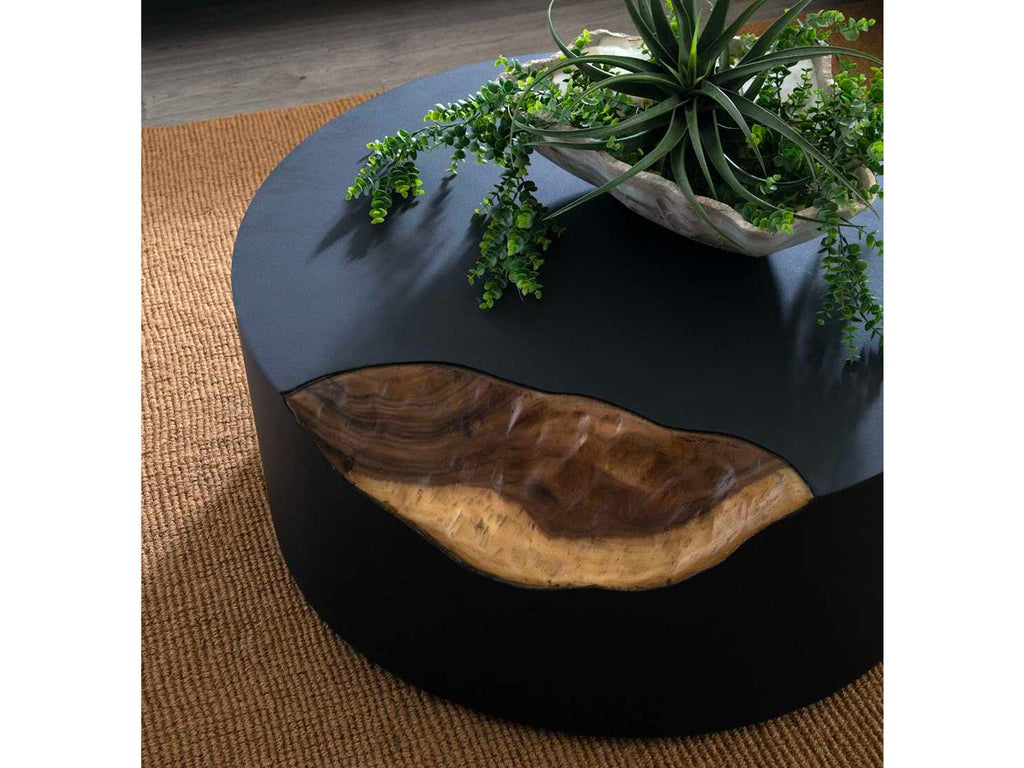 Cornered Round Coffee Table in Black Iron and Natural Chamcha Wood