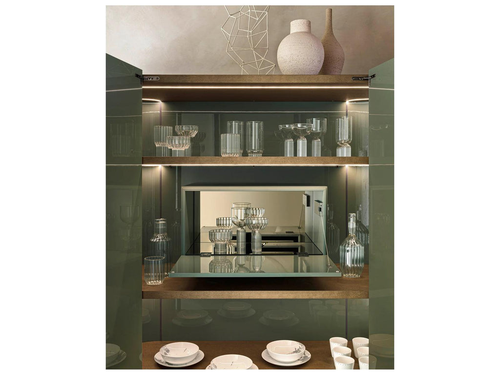 Dedalo Bar Sideboard 55 Inch Beige Ecru Matt Lacquer with Bronzo Glass Top