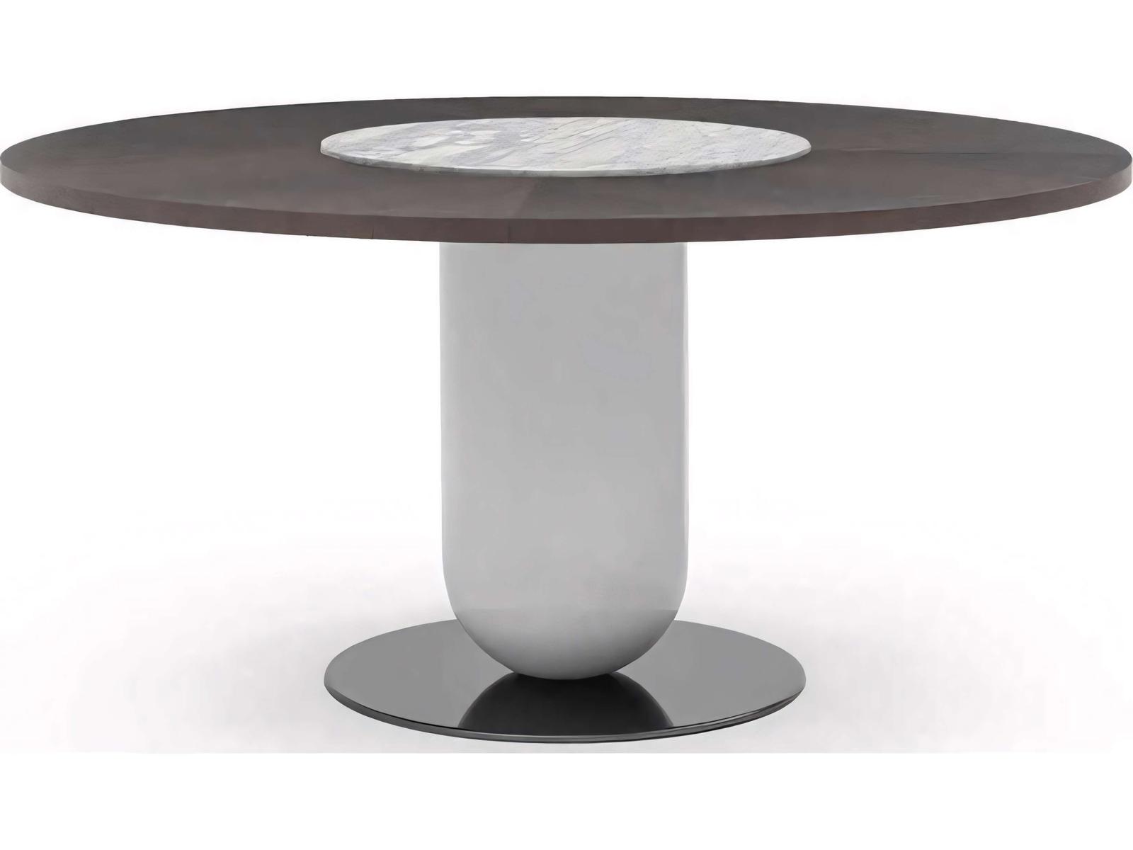 Ettore Round 63 Inch Dining Table with Burnt Oak Wood Top and Marble Lazy Susan