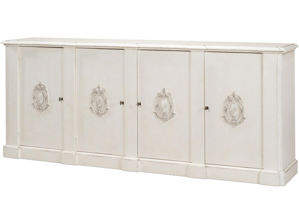 Crested Solid Pine Wall Cabinet with White Finish and Decorative Emblems