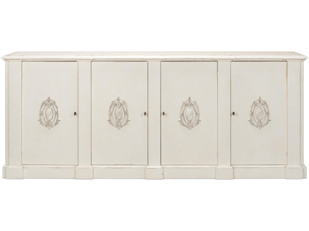 Crested Solid Pine Wall Cabinet with White Finish and Decorative Emblems