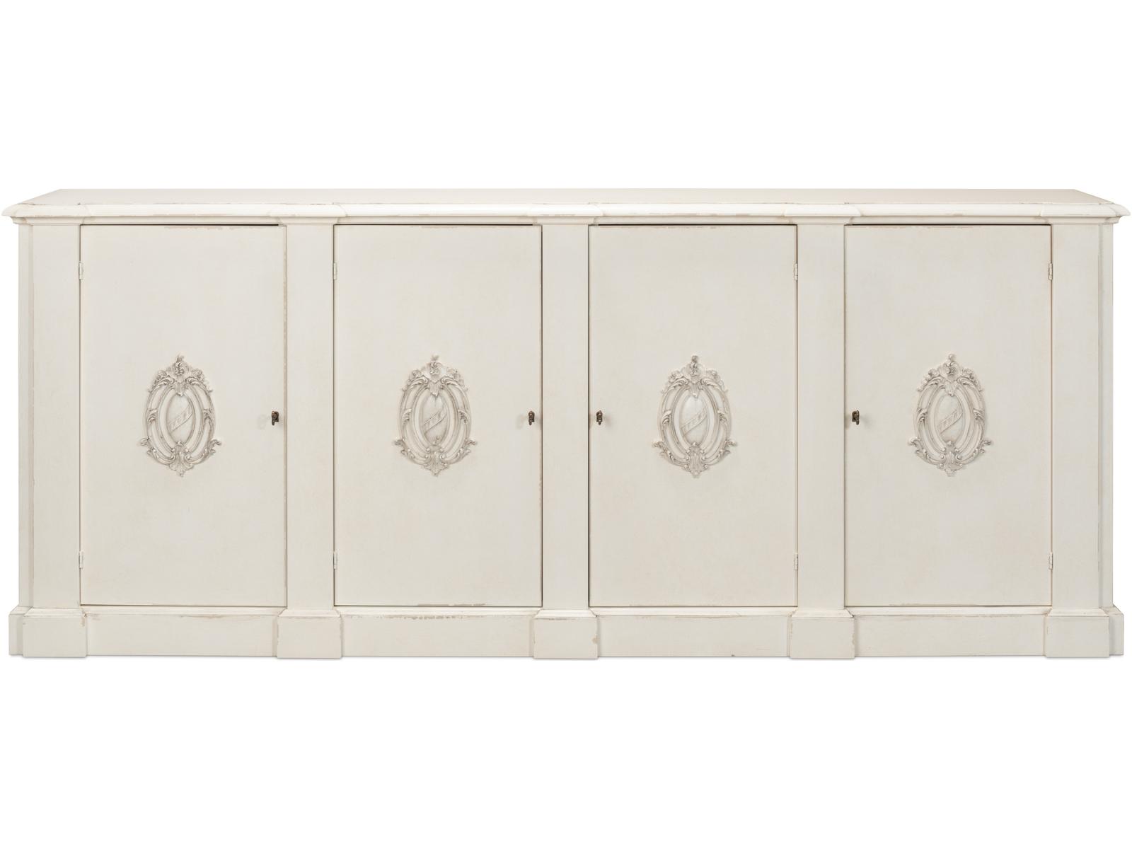 Crested Solid Pine Wall Cabinet with White Finish and Decorative Emblems