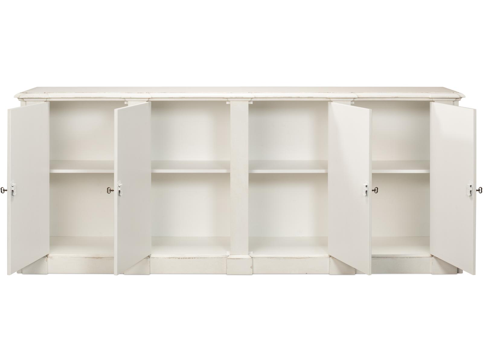 Crested Solid Pine Wall Cabinet with White Finish and Decorative Emblems