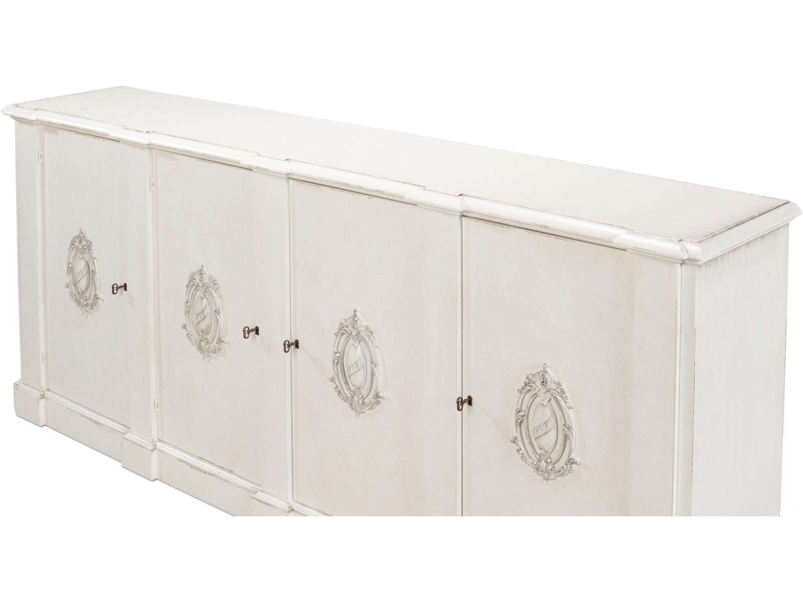 Crested Solid Pine Wall Cabinet with White Finish and Decorative Emblems