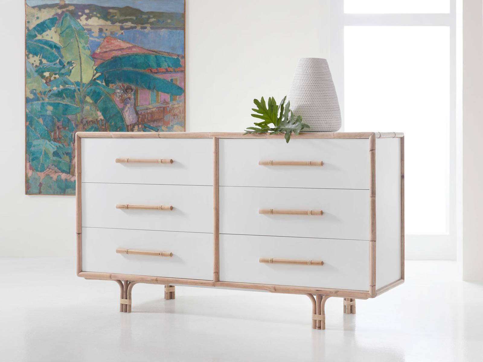 Bamboo 6-Drawer Double Dresser in White with Bamboo Accents