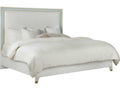 Seaglass Queen Platform Bed with Brass Trim and White Linen Upholstery