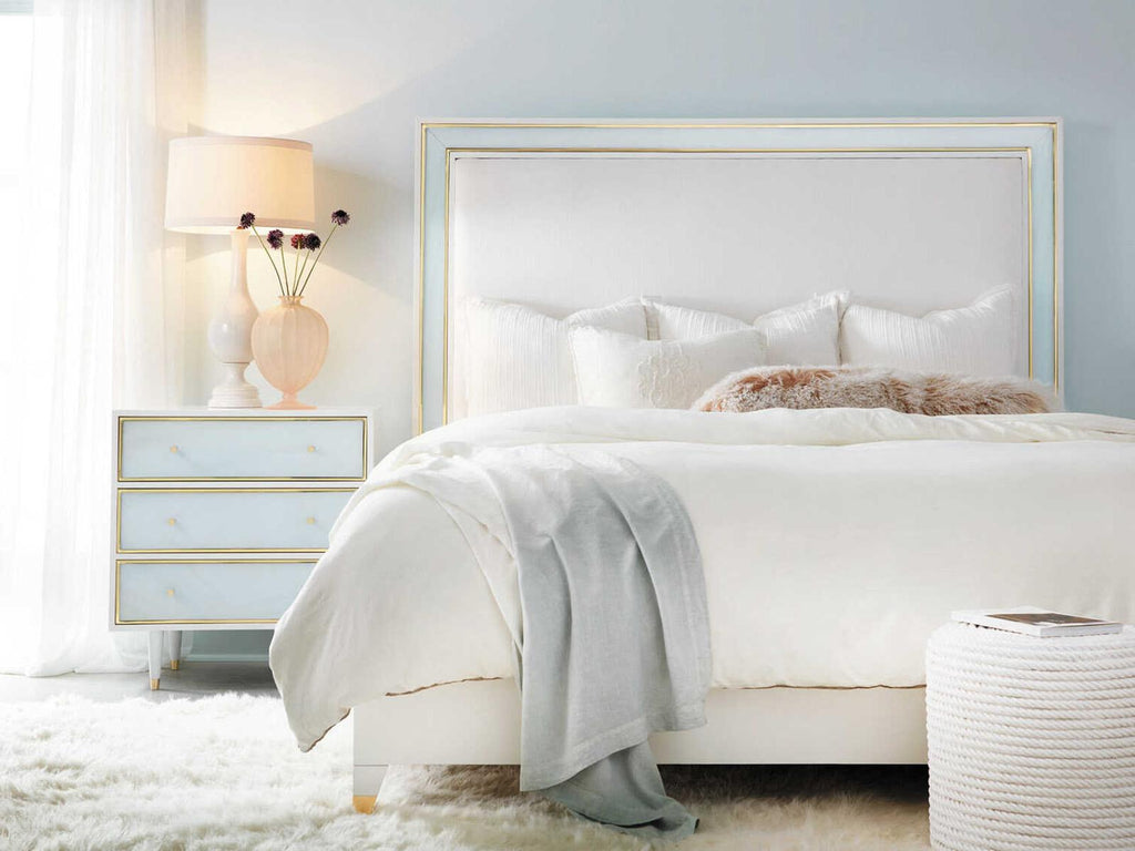 Seaglass Queen Platform Bed with Brass Trim and White Linen Upholstery
