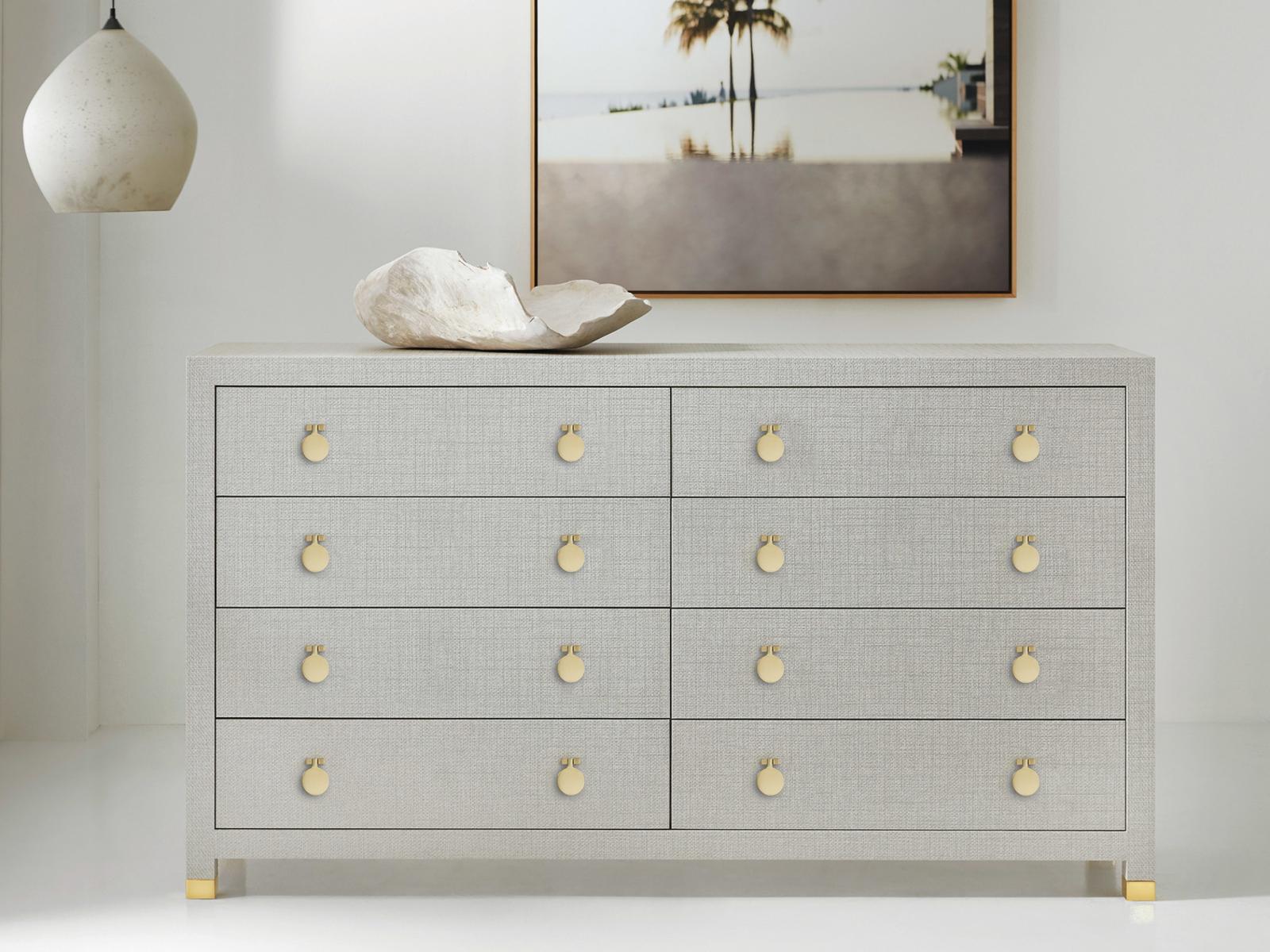 Kona Eight-Drawer Dresser with Gray Oak Finish and Polished Brass Hardware