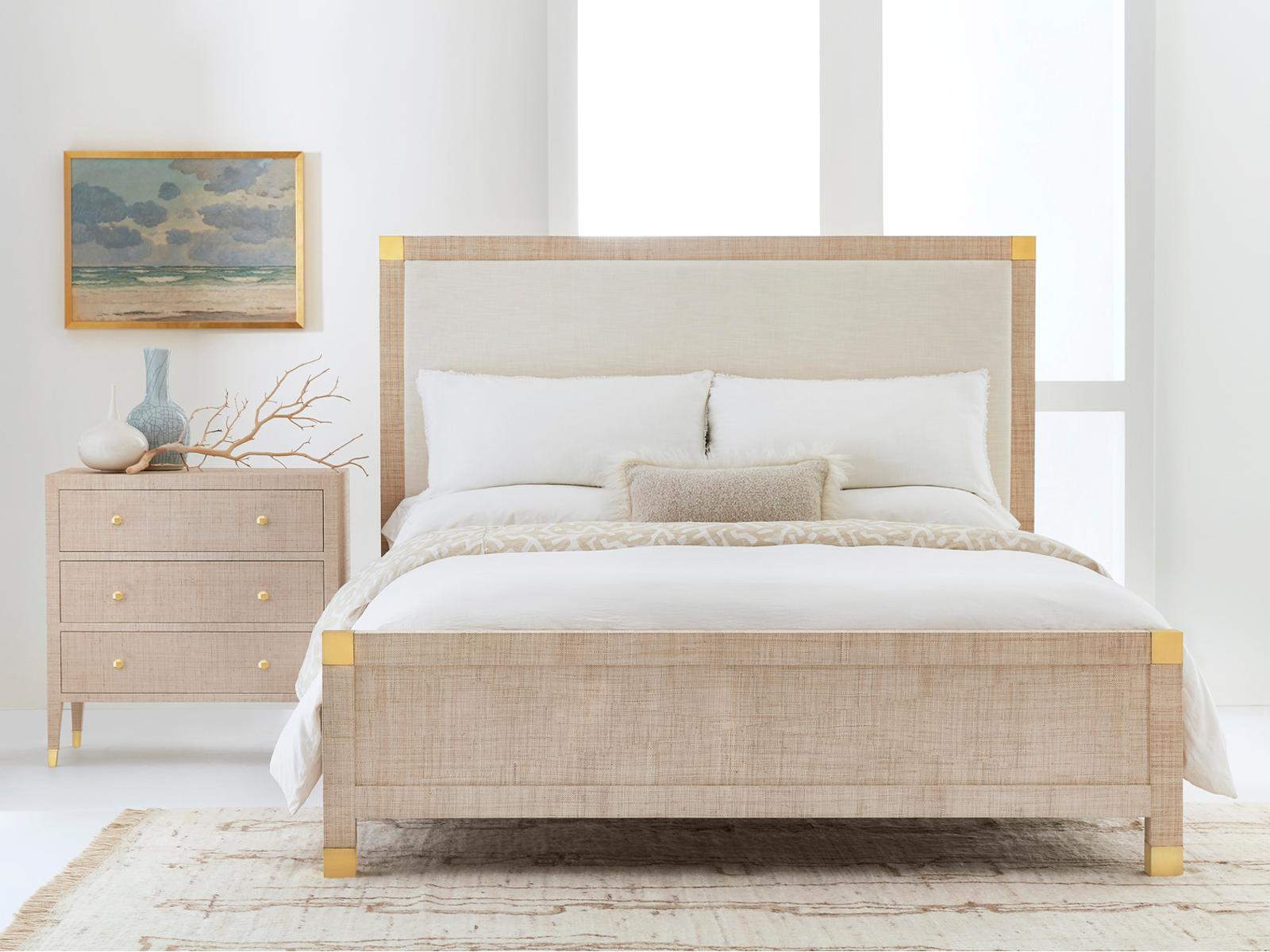 Palmetto King Panel Bed with Rattan and Linen Upholstery