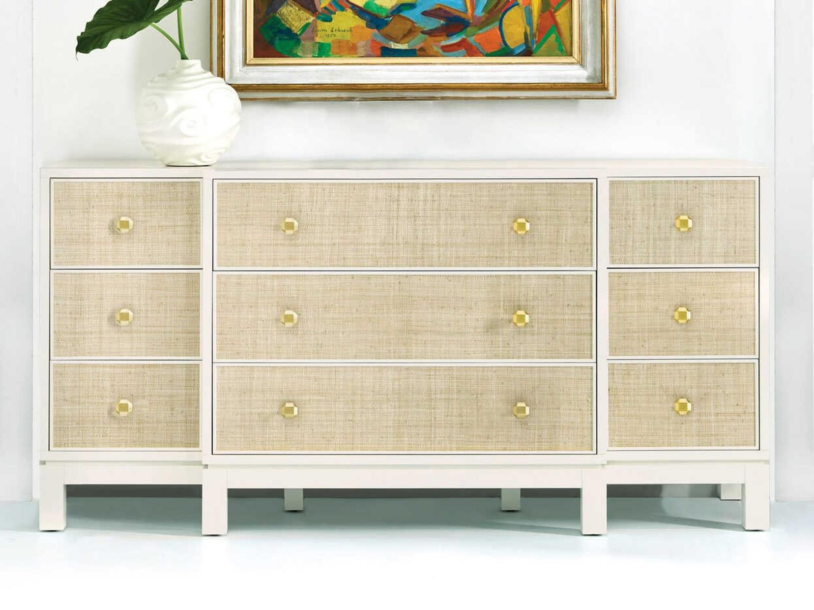 Palmetto White Raffia Papered Triple Dresser with 9 Drawers