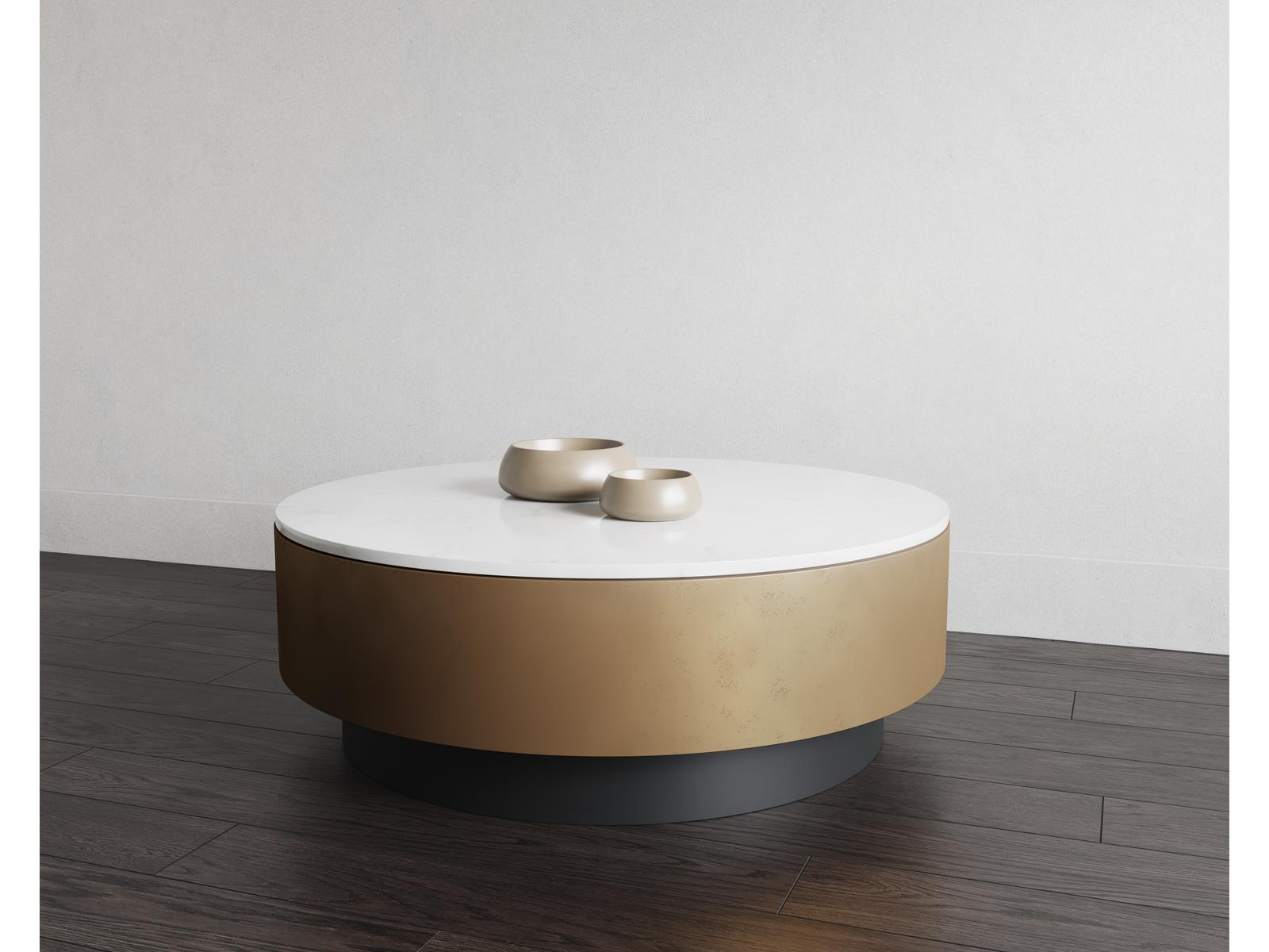 Zelda Round Coffee Table with White Marble and Antique Brass Base