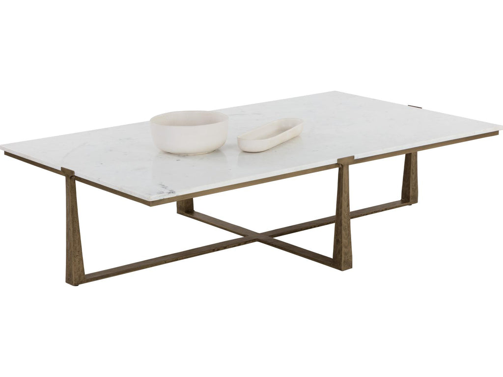 Cowell Rectangle Coffee Table in White Marble and Antique Brass