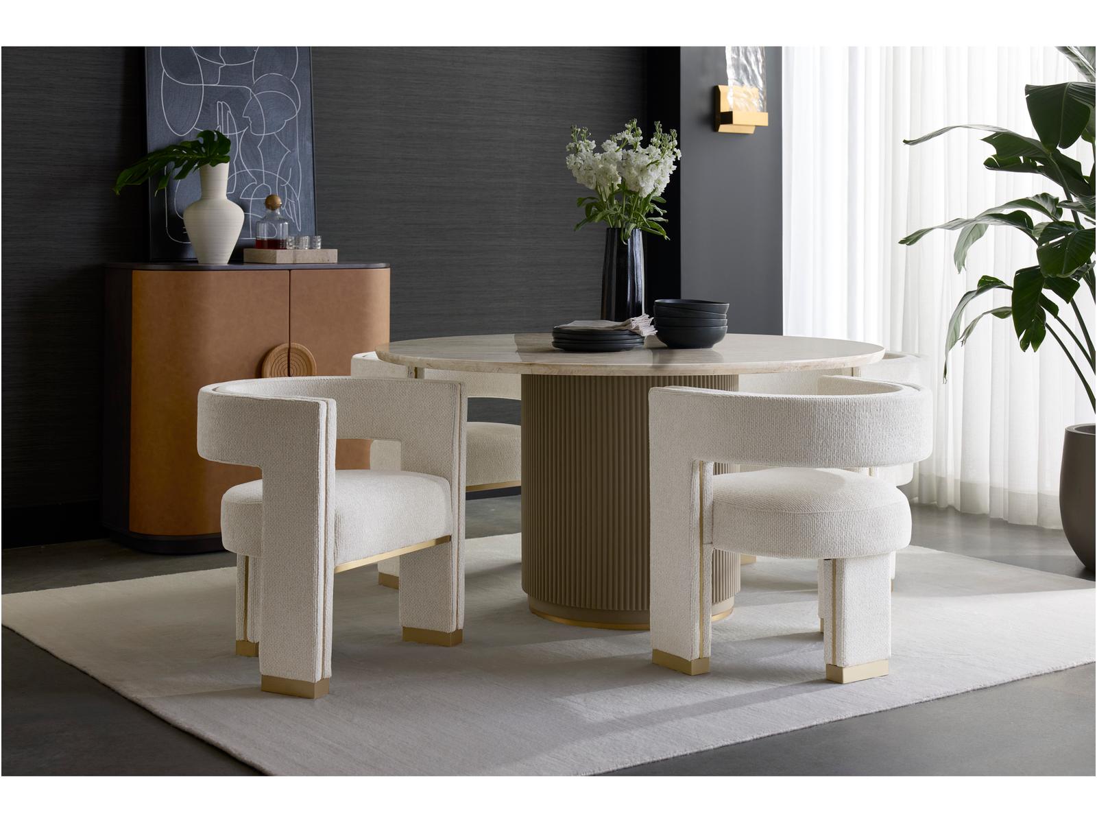 Cataldi 59-Inch Round Dining Table with Cream Marble Top and Taupe Faux Leather Base