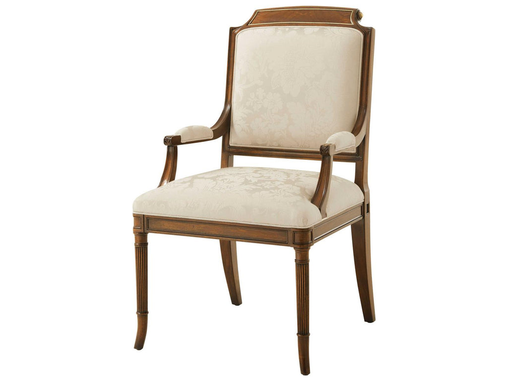 English Cabinet Maker Mahogany Wood Beige Upholstered Arm Dining Chair