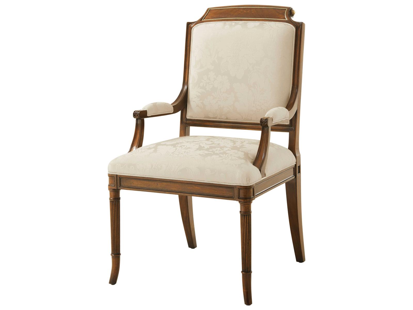 English Cabinet Maker Mahogany Wood Beige Upholstered Arm Dining Chair