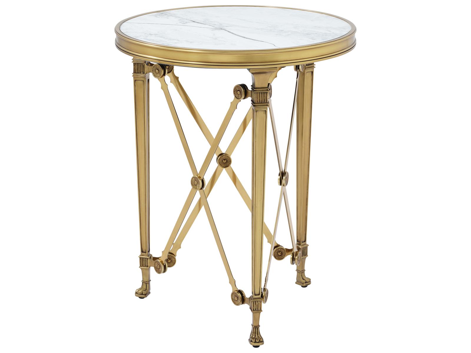 Spencer London Round Brass and Quartz End Table in White and Cannes Brass
