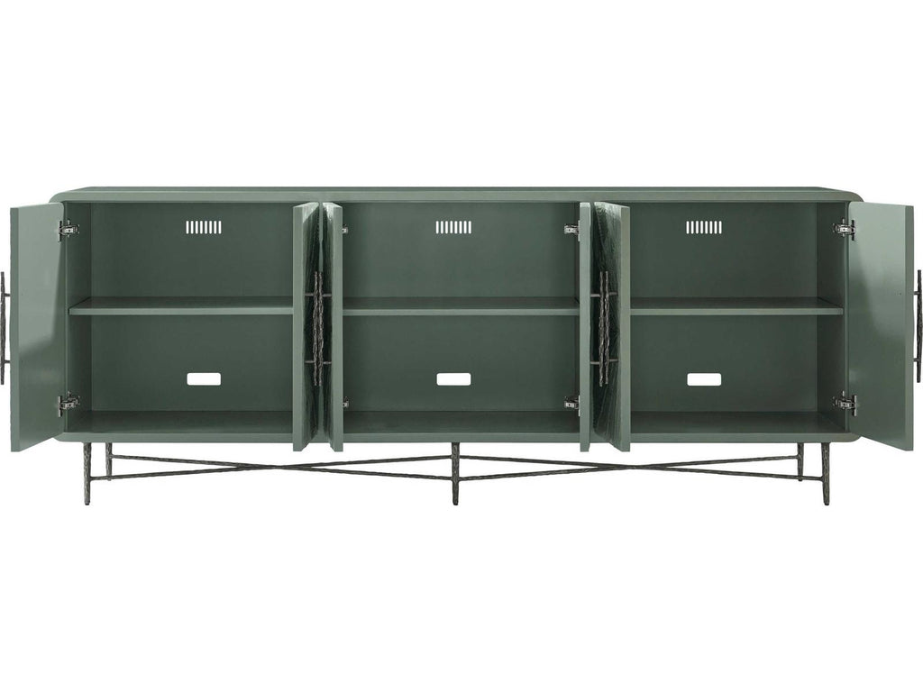 Essence Media Cabinet with Sunburst Pattern and Metal Base