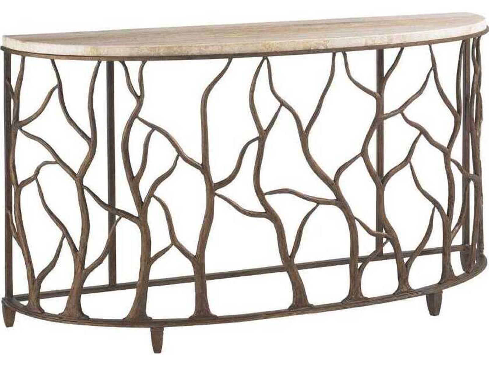 Bannister Garden Demilune Console Table in Travertine and Metal