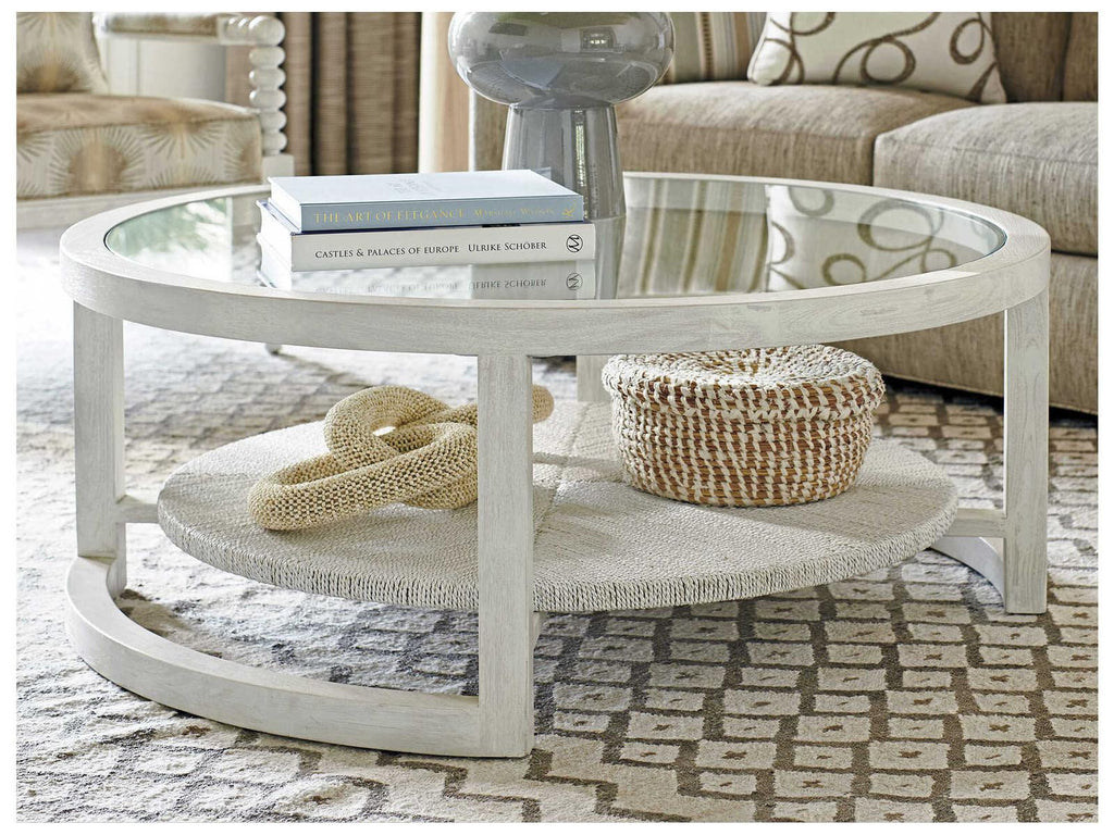 Ocean Breeze Round Coffee Table with Glass Top and Woven Shelf in Shell White