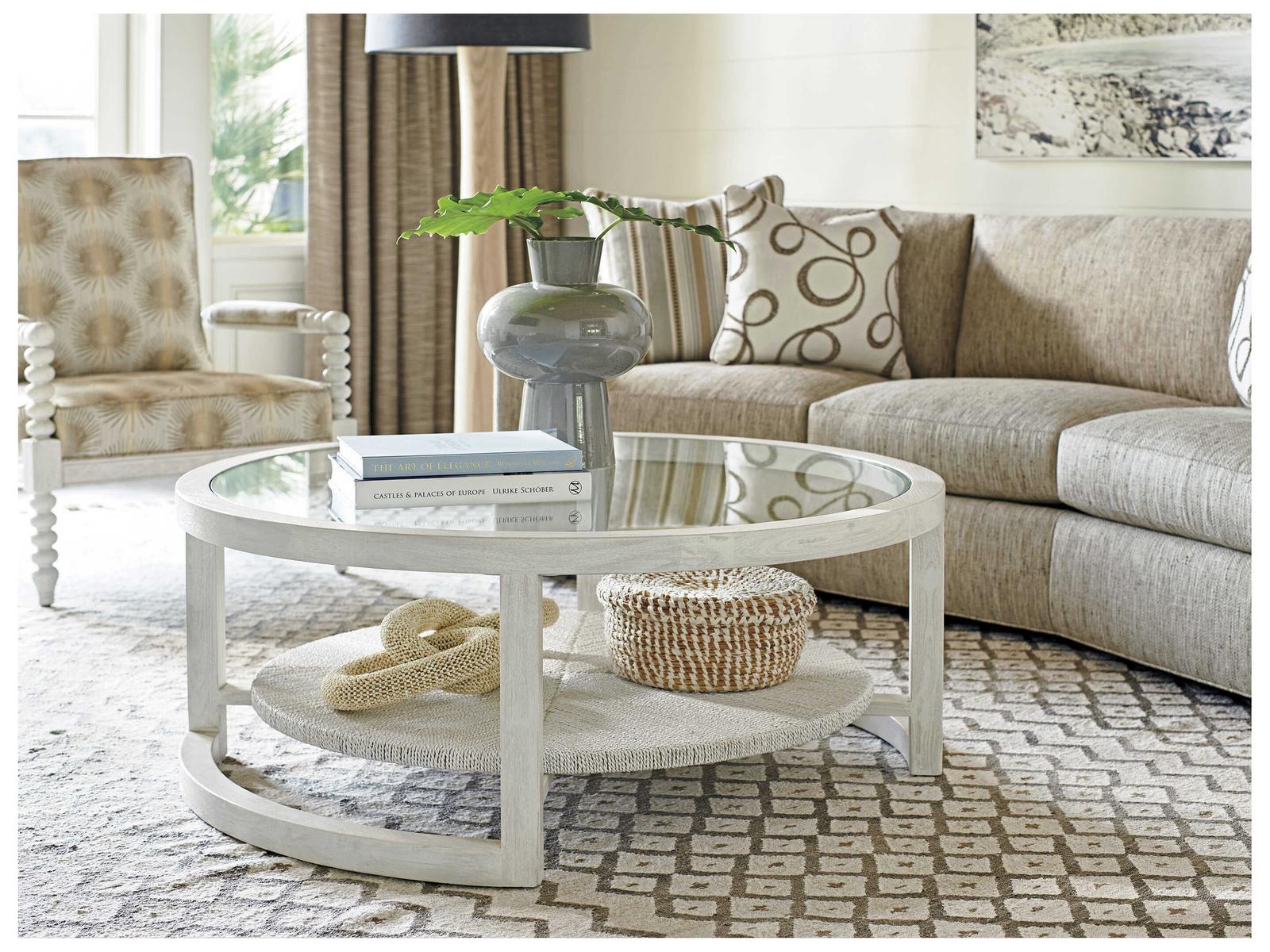 Ocean Breeze Round Coffee Table with Glass Top and Woven Shelf in Shell White