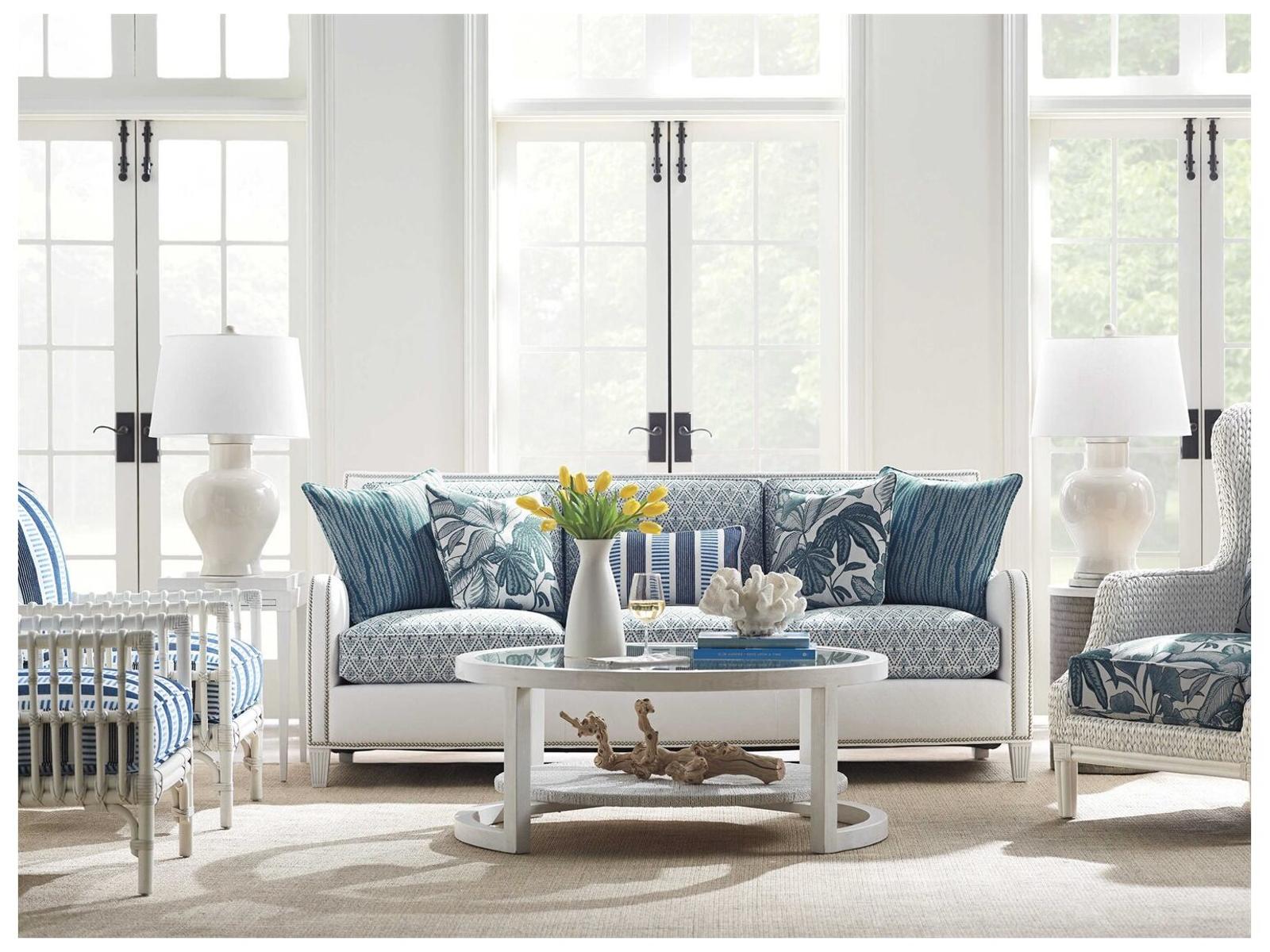 Ocean Breeze Round Coffee Table with Glass Top and Woven Shelf in Shell White