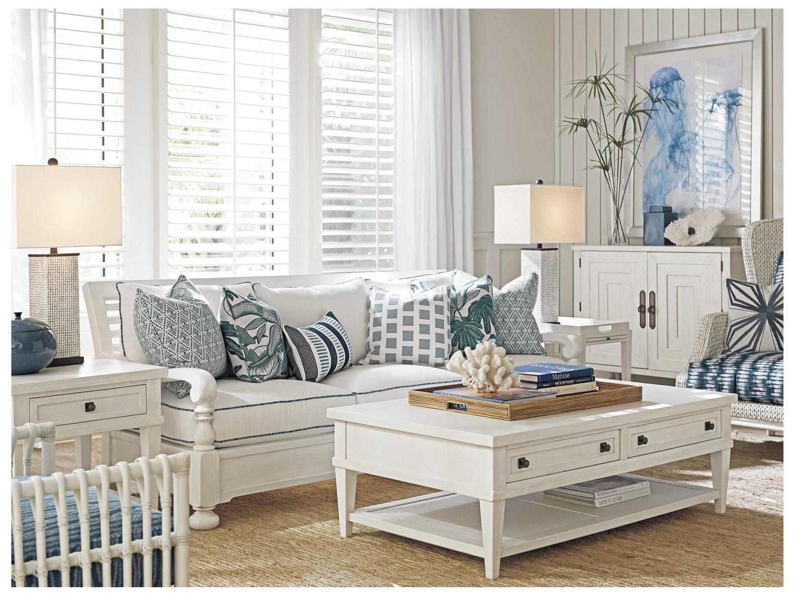 Ocean Breeze Palm Coast Rectangular Coffee Table in Sand with Raffia Shelf