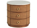 Home Banning Round End Table with Raffia and Marble Top in Sierra Tan