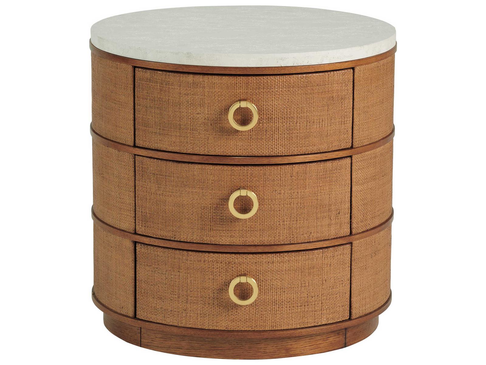 Home Banning Round End Table with Raffia and Marble Top in Sierra Tan
