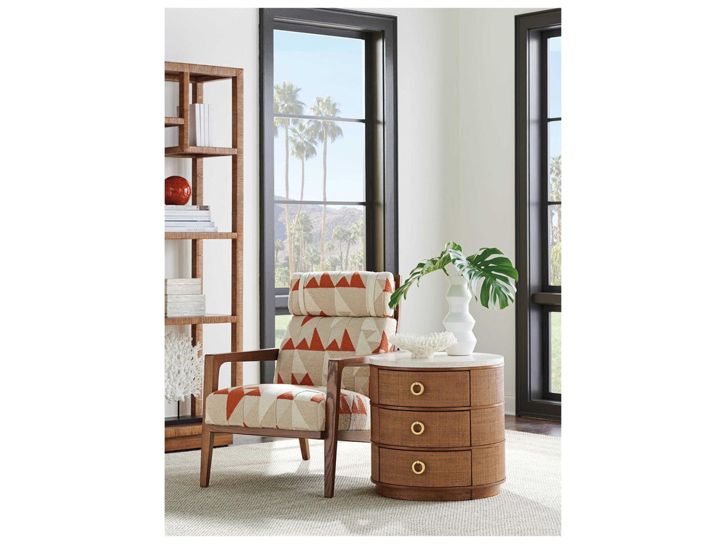 Home Banning Round End Table with Raffia and Marble Top in Sierra Tan