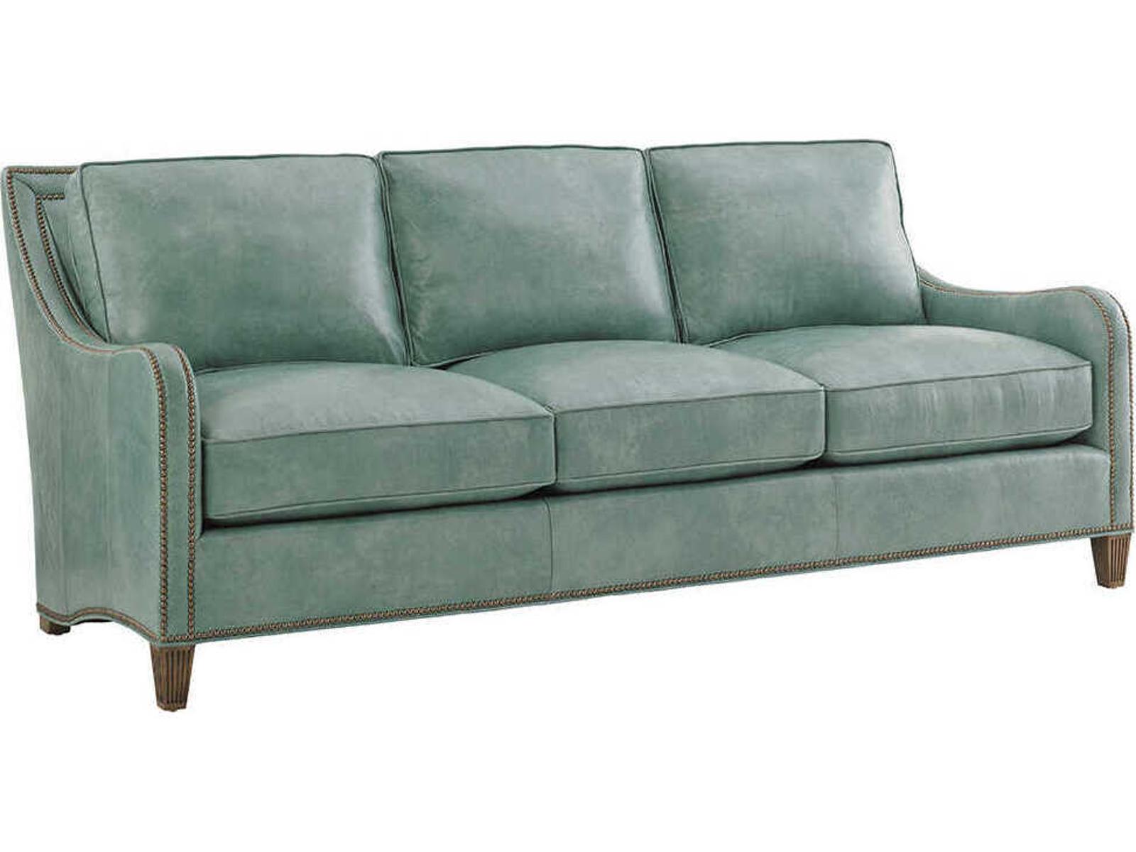 Twin Palms Koko 3-Seat Blue Leather Sofa with Old Brass Nailhead Trim