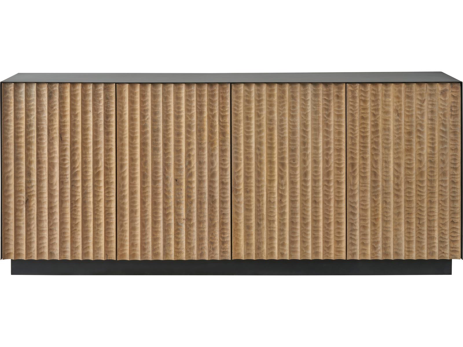 Modern Noir Credenza with Carved Wood Doors and Iron Frame