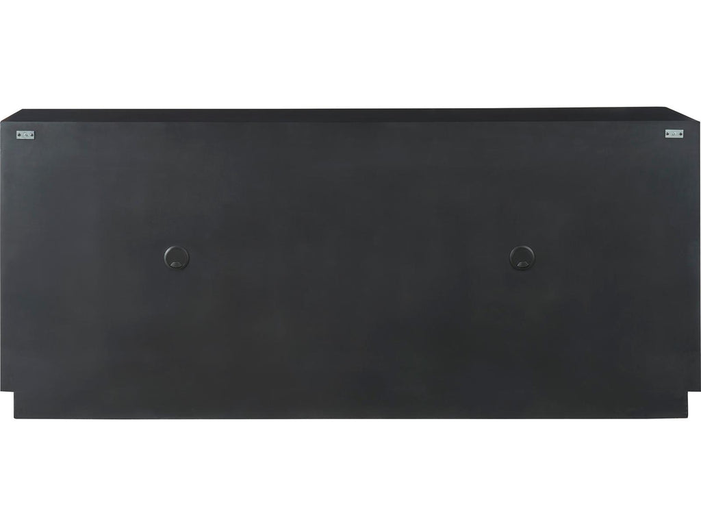 Modern Noir Credenza with Carved Wood Doors and Iron Frame