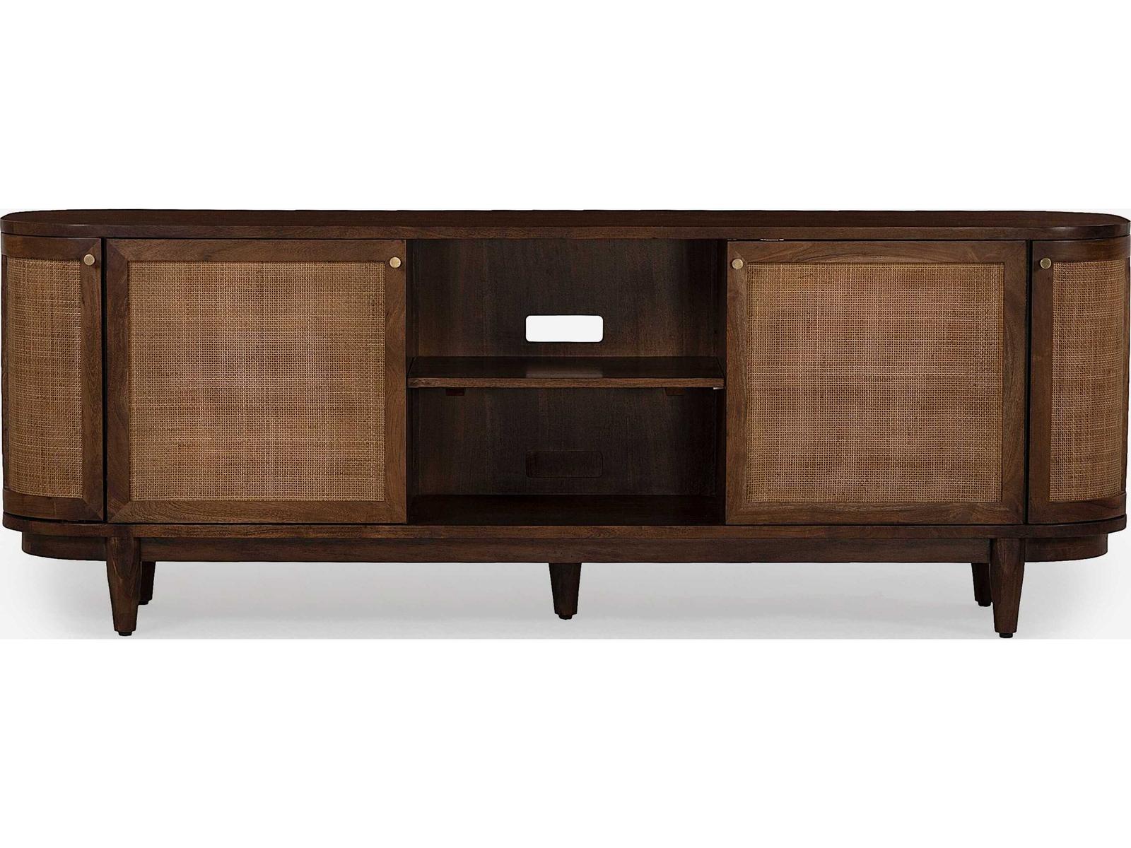Canggu 84-Inch Media Stand Porto Dark Finish with Woven Cane Doors