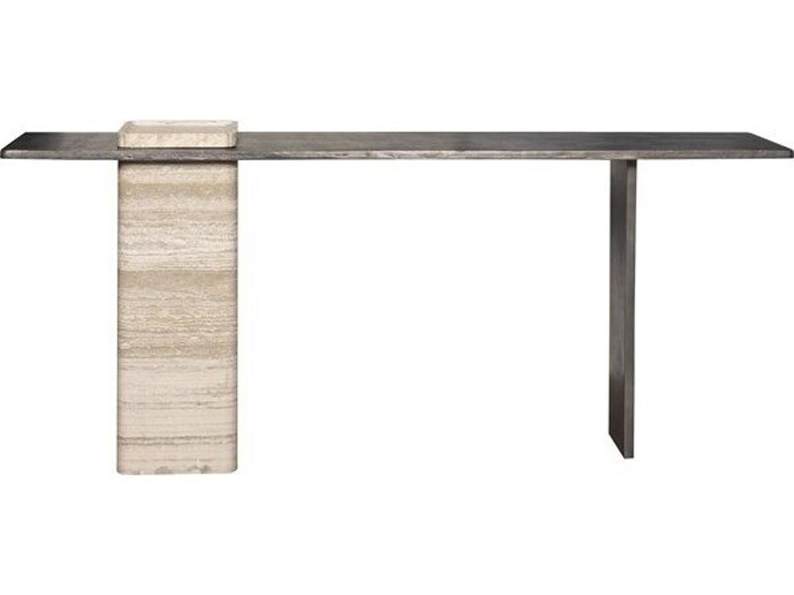 Flynn Rectangle Stone Console Table in Charcoal Aluminum and Travertine