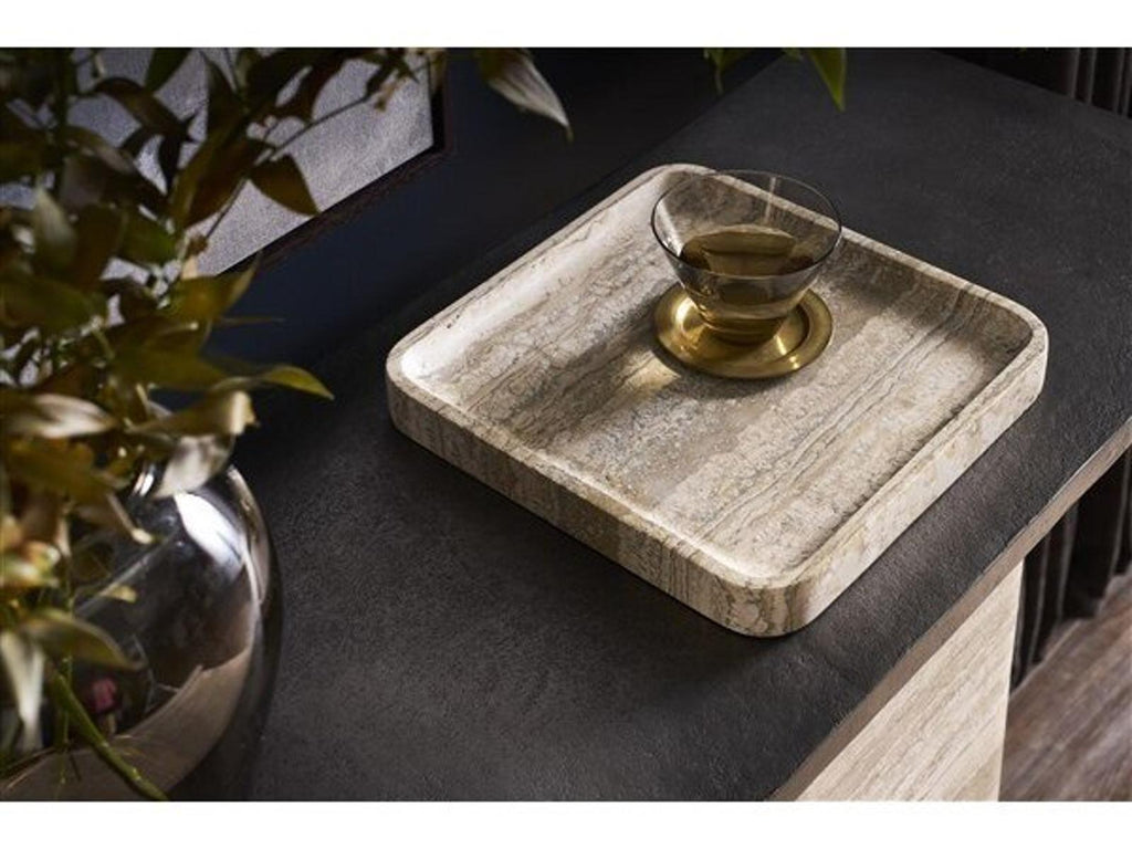 Flynn Rectangle Stone Console Table in Charcoal Aluminum and Travertine