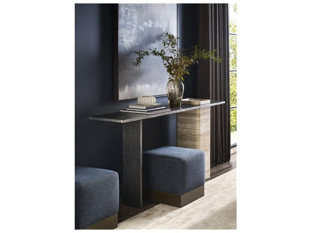 Flynn Rectangle Stone Console Table in Charcoal Aluminum and Travertine