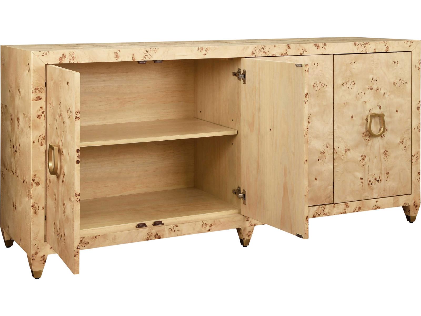 Mulligan Four-Door Buffet in Burl Wood with Satin Brass Hardware
