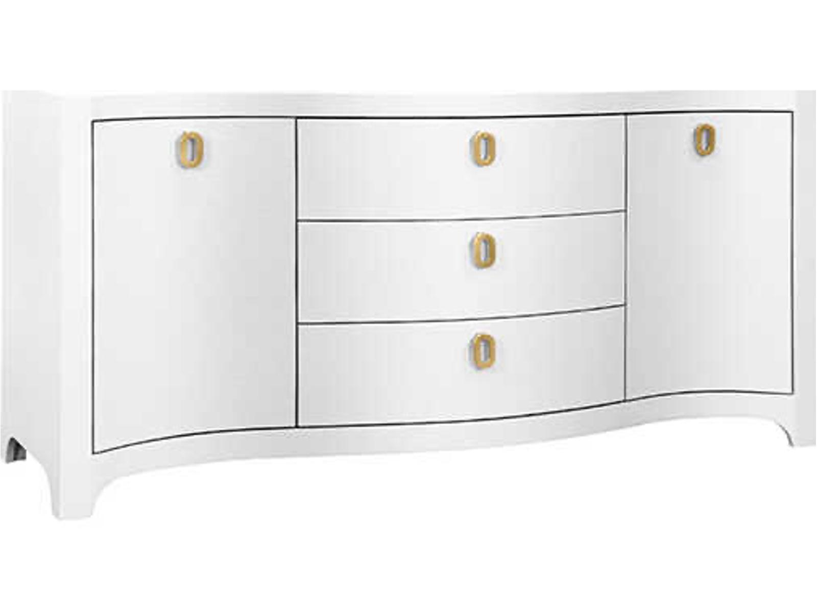 Paulina 2 Door 3 Drawer Textured Linen Buffet in White with Brass Pulls