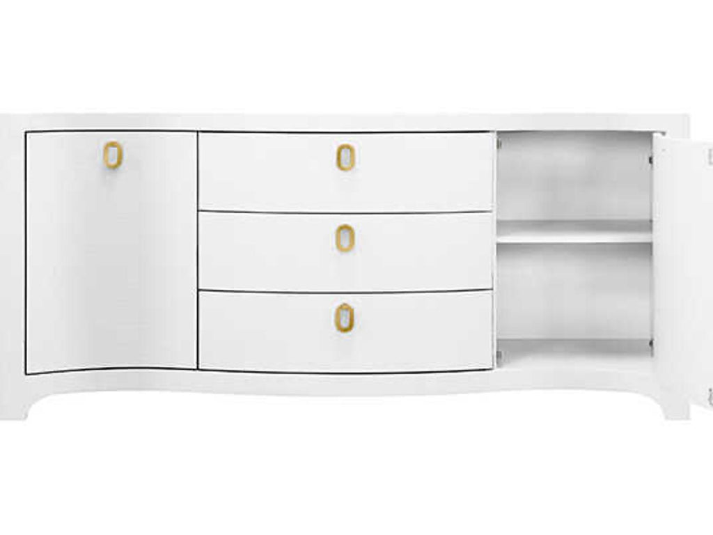 Paulina 2 Door 3 Drawer Textured Linen Buffet in White with Brass Pulls