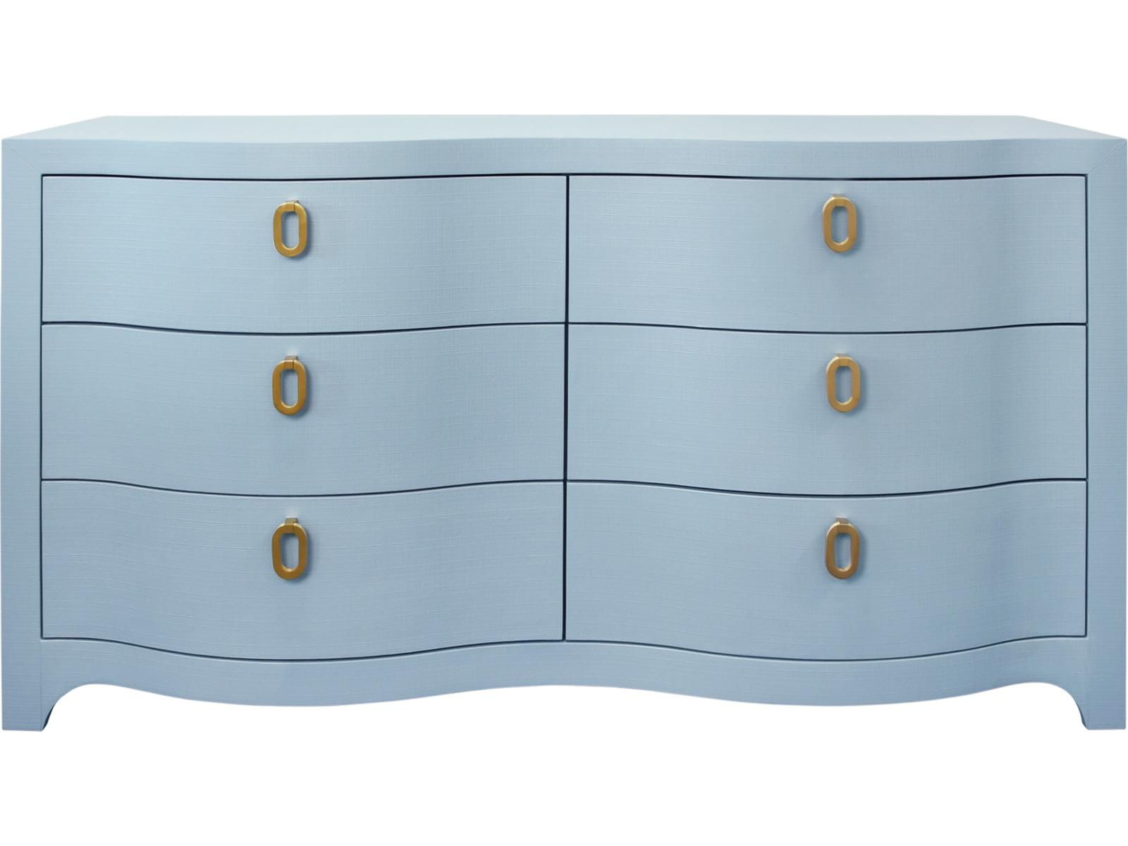 Rosie Curved Front Six Drawer Chest in Textured Light Blue Linen