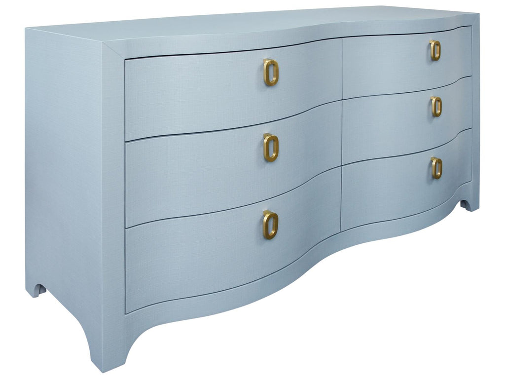 Rosie Curved Front Six Drawer Chest in Textured Light Blue Linen