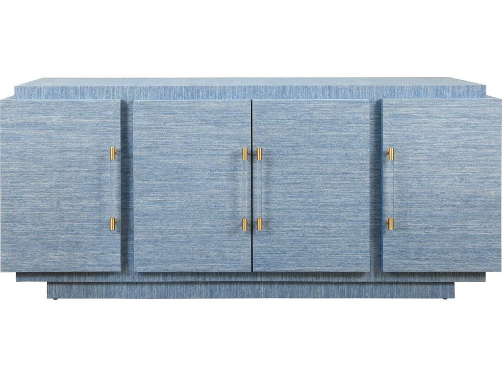 Steele Four-Door Modern Buffet in Dyed Blue Grasscloth with Brass Handles